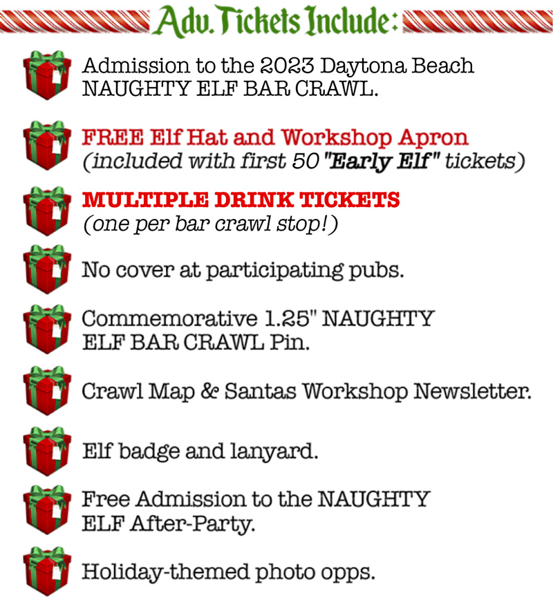 Naughty Elf Bar Crawl (Daytona Beach) Tickets | Daytona Beach | World's  Most Famous Brewery - The Ticket Fairy